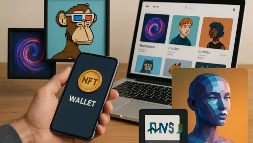 A collage illustrating various elements of the NFT investing process, including wallets and marketplaces.