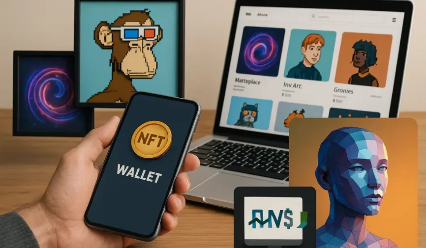 A collage illustrating various elements of the NFT investing process, including wallets and marketplaces.