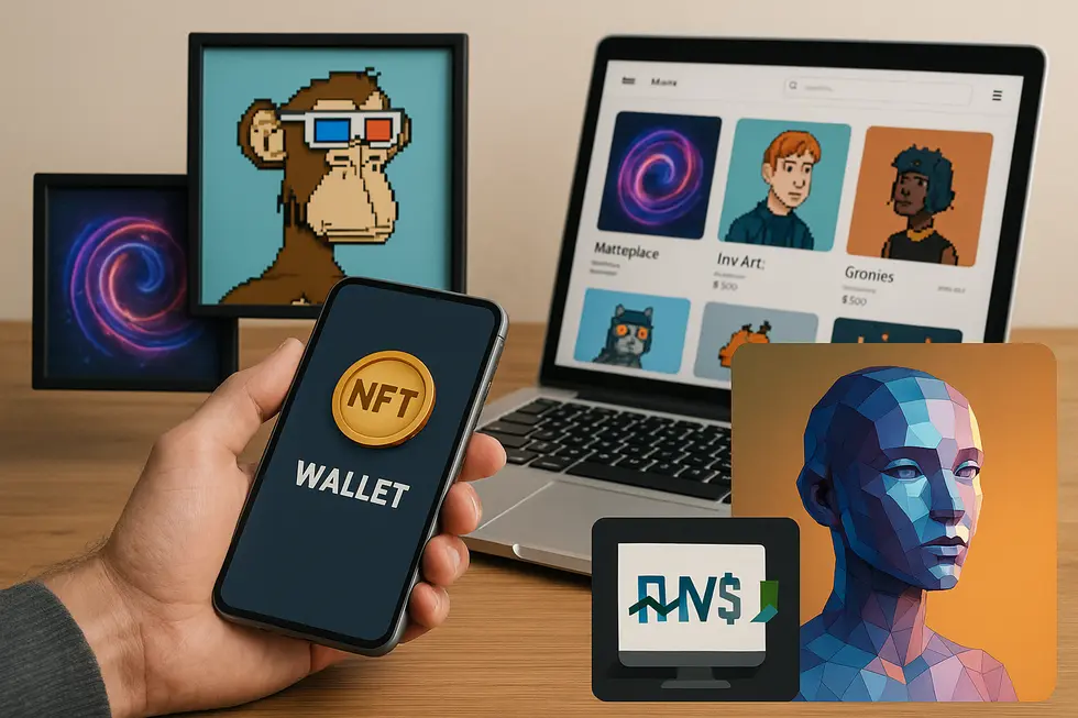 A collage illustrating various elements of the NFT investing process, including wallets and marketplaces.