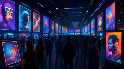 A bustling digital marketplace with vibrant NFT artworks on Monbase.