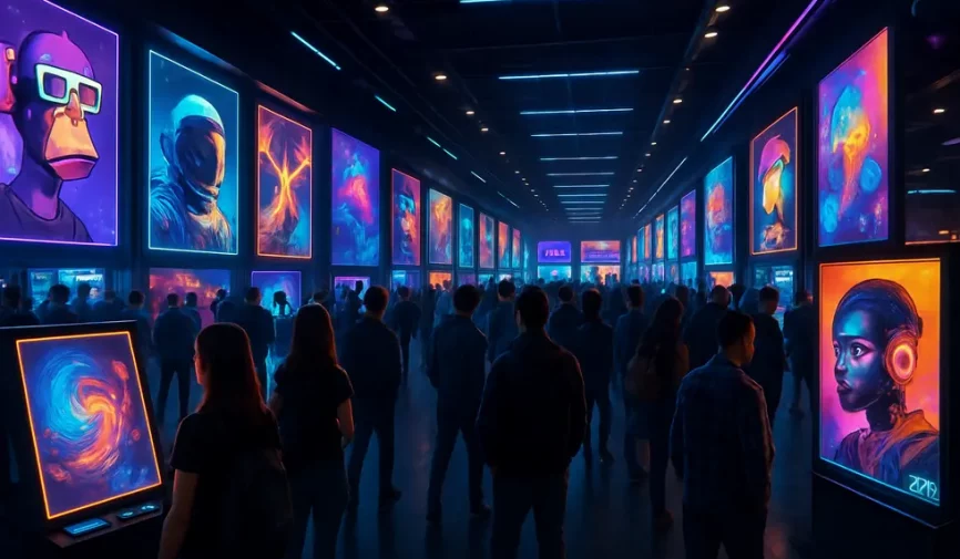 A bustling digital marketplace with vibrant NFT artworks on Monbase.