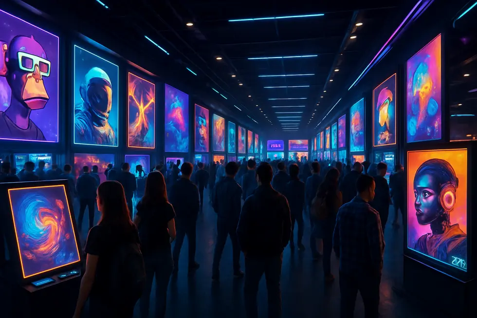 A bustling digital marketplace with vibrant NFT artworks on Monbase.