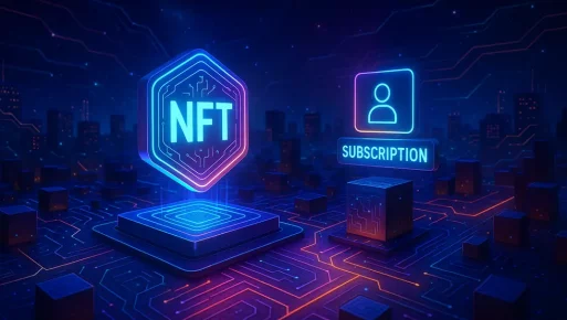 Digital landscape with blockchain elements representing NFT-based subscription models.