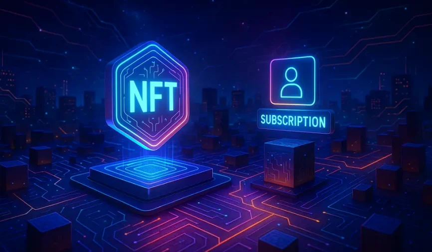 Digital landscape with blockchain elements representing NFT-based subscription models.
