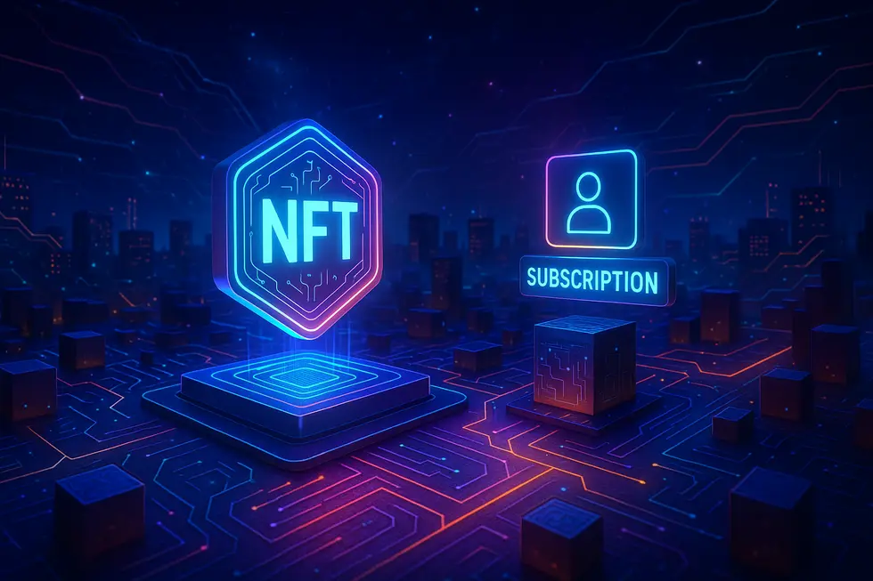 Digital landscape with blockchain elements representing NFT-based subscription models.