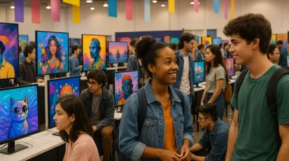 Young artists displaying their work at a bustling digital NFT expo.