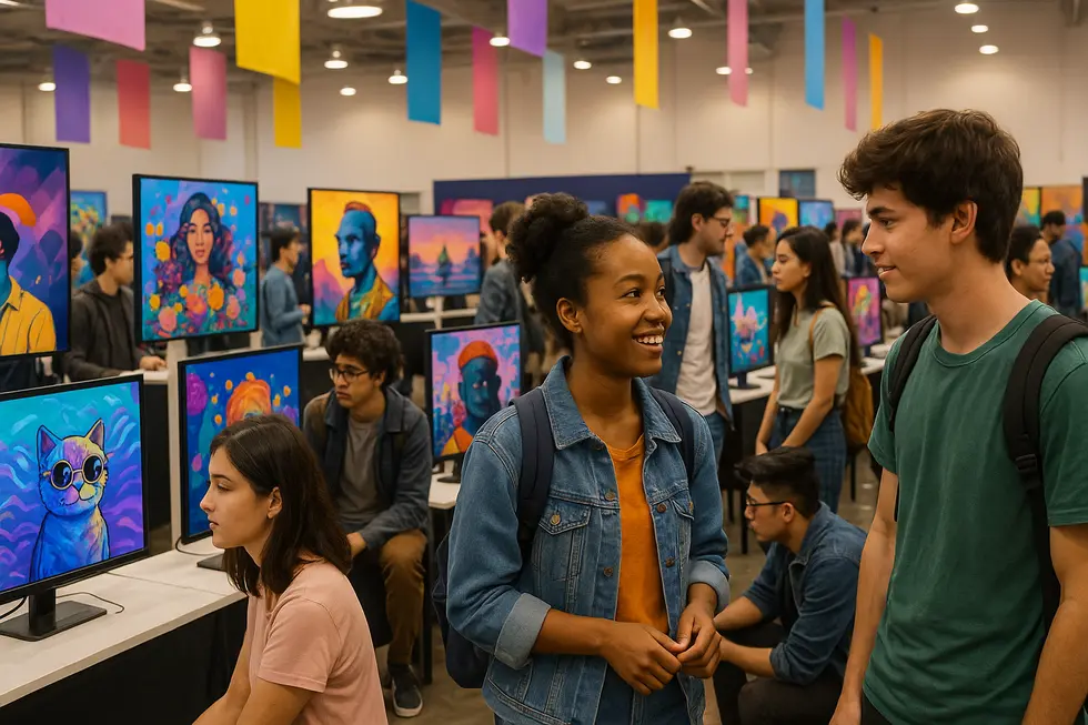 Young artists displaying their work at a bustling digital NFT expo.