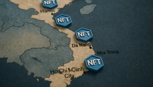 Map of Vietnam with NFT icons marking digital art innovation centers.