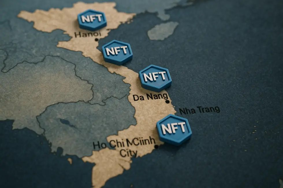 Map of Vietnam with NFT icons marking digital art innovation centers.