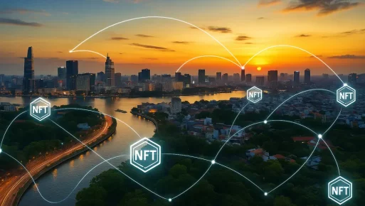 Panoramic view of Vietnam with digital NFT symbols and connectivity lines.