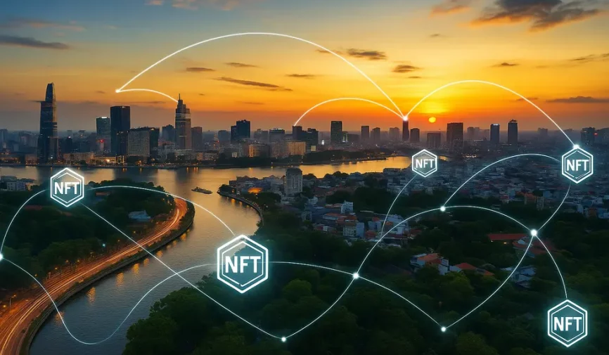 Panoramic view of Vietnam with digital NFT symbols and connectivity lines.