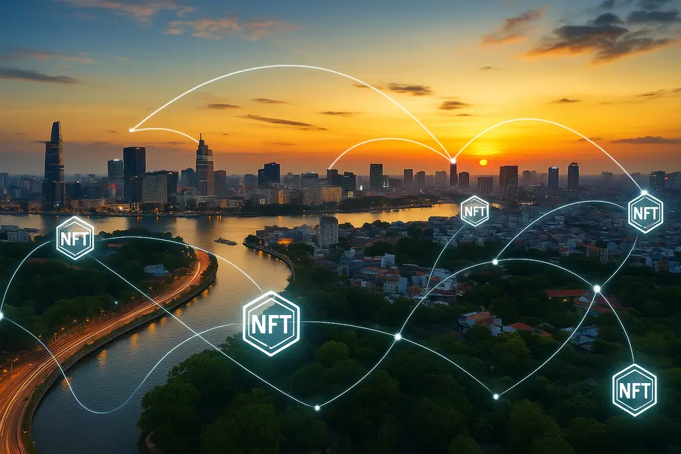Panoramic view of Vietnam with digital NFT symbols and connectivity lines.