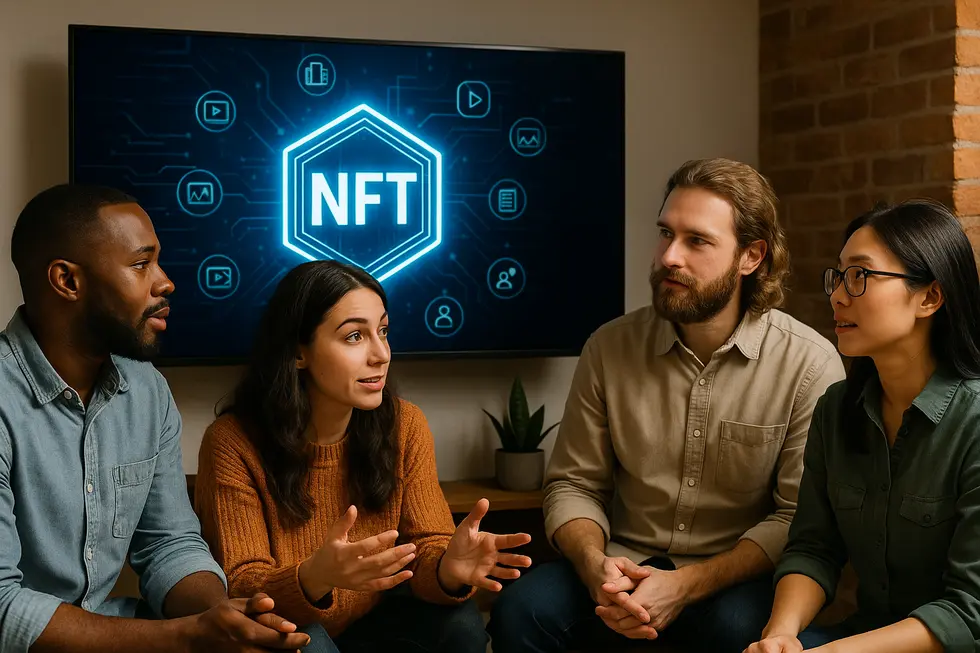 Diverse individuals learning about NFTs through video tutorials.