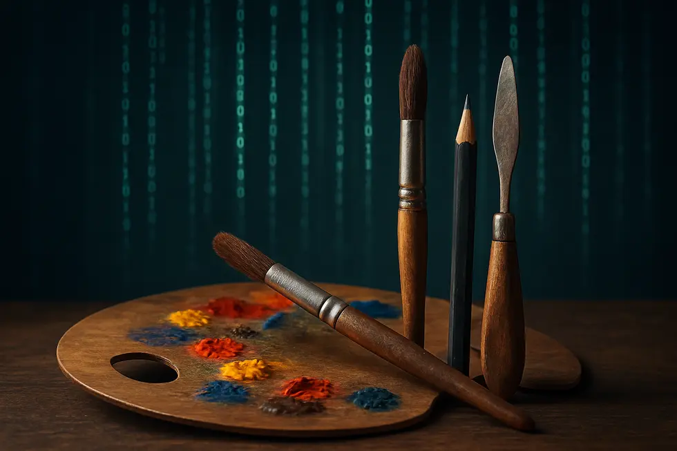 Traditional art tools merging with digital code streams.
