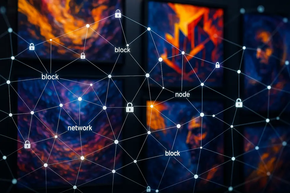 Traditional art tools merging with digital code streams.