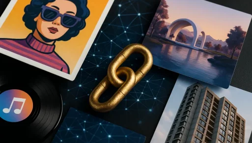 A depiction of the diverse world of NFTs and digital ownership. Collage of digital assets with blockchain theme illustrating digital ownership.