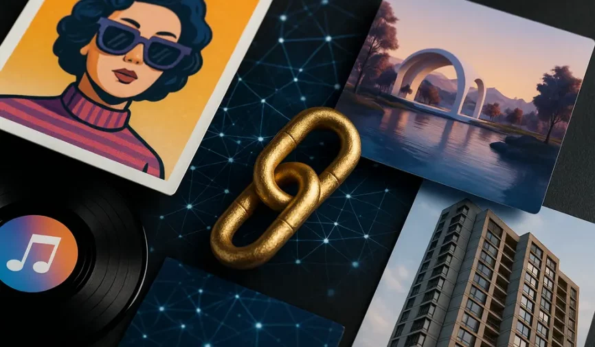 Collage of digital assets with blockchain theme illustrating digital ownership.