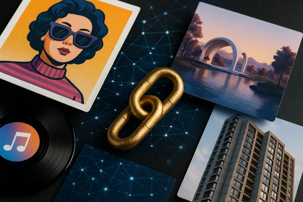 Collage of digital assets with blockchain theme illustrating digital ownership.