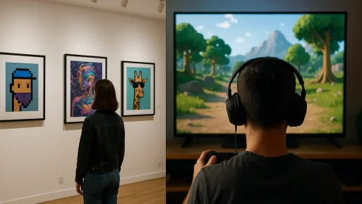 Split-screen showing NFT digital art gallery and gaming world.