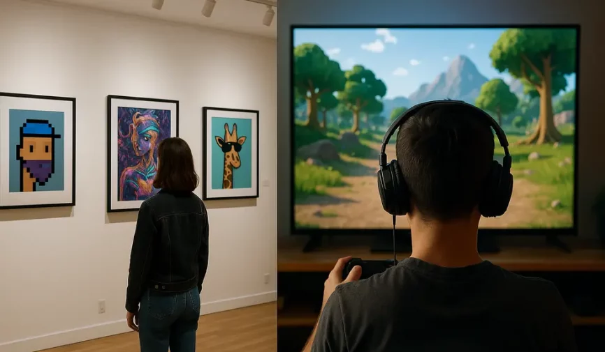 Split-screen showing NFT digital art gallery and gaming world.