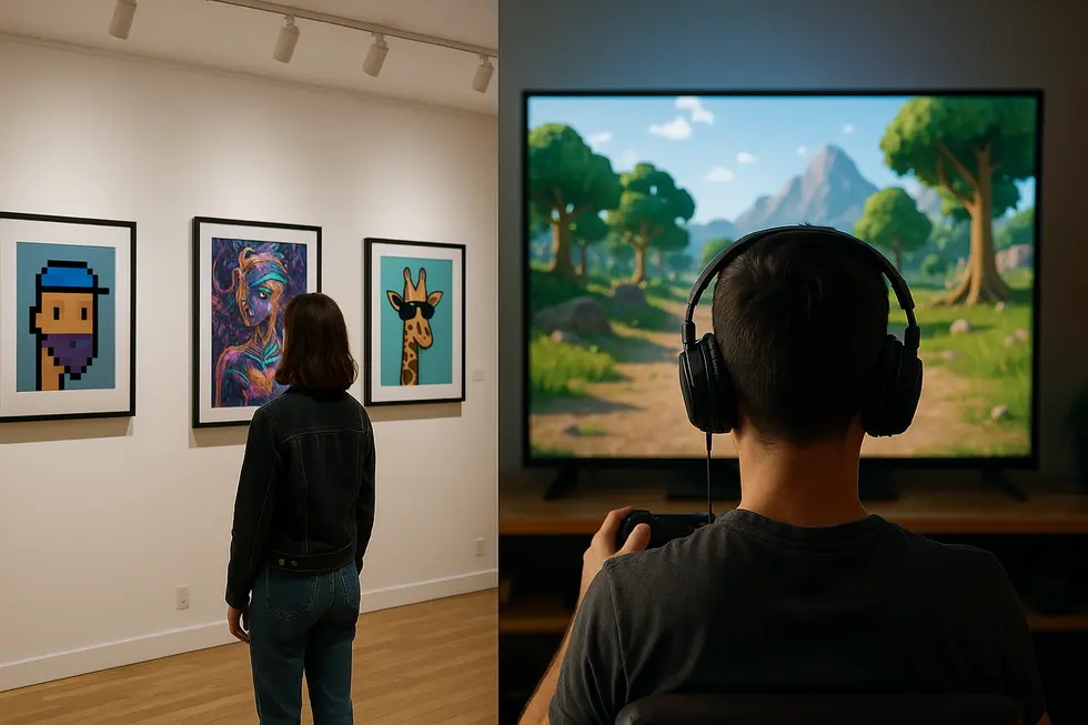 Split-screen showing NFT digital art gallery and gaming world.