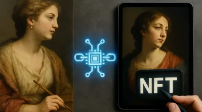 A composite image depicting classical art evolving into NFTs with a blockchain background, symbolizing innovation.