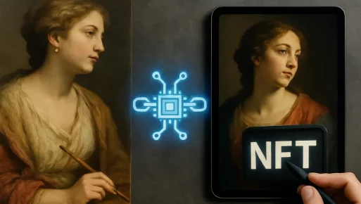 A composite image depicting classical art evolving into NFTs with a blockchain background, symbolizing innovation.