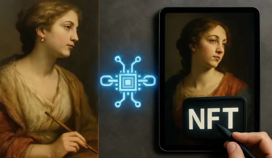 A composite image depicting classical art evolving into NFTs with a blockchain background, symbolizing innovation.
