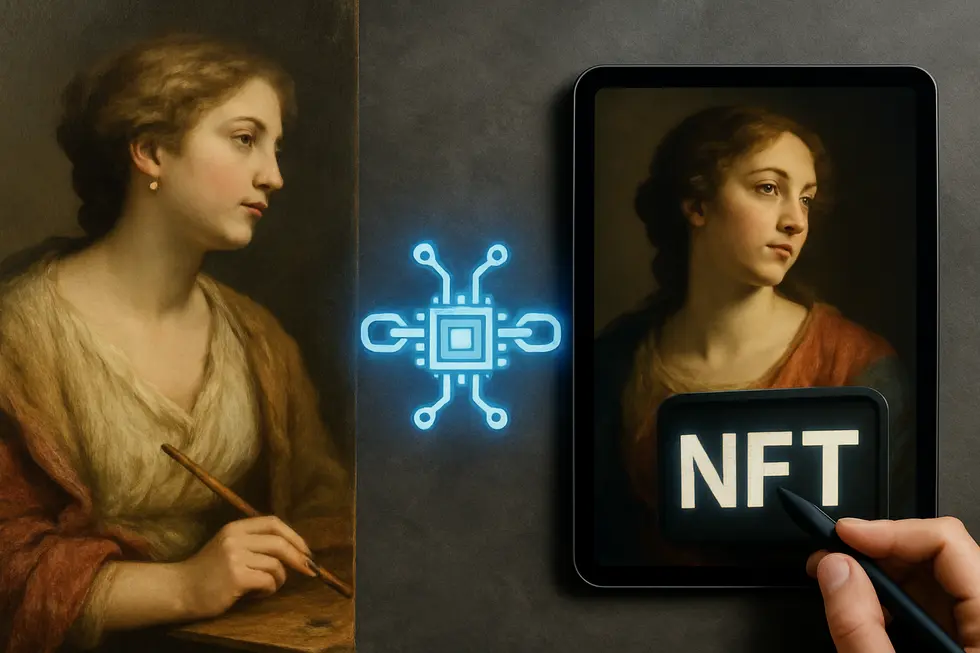 A composite image depicting classical art evolving into NFTs with a blockchain background, symbolizing innovation.