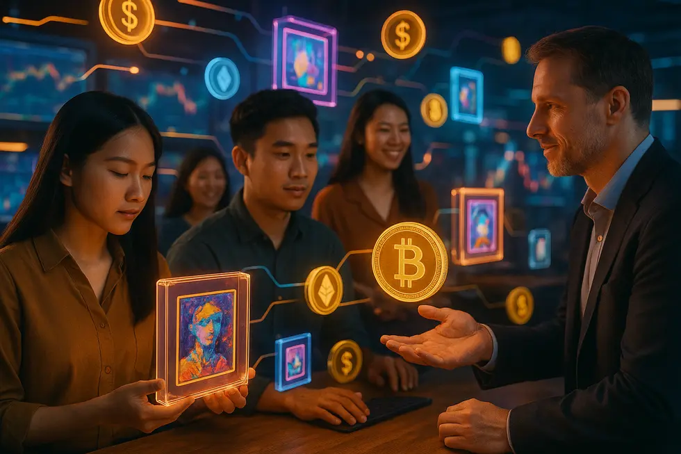 A Vietnamese artist creating NFTs in a digital studio, symbolizing the vibrant art scene.
