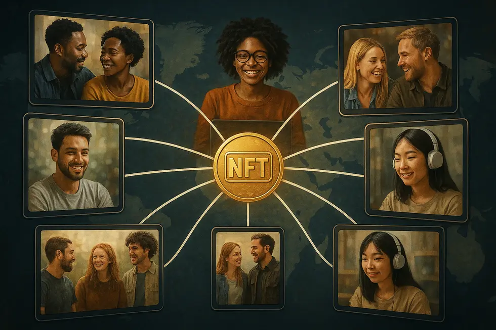 A computer screen displaying digital art, highlighting NFT-based ownership.