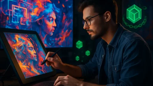 A scene showing a digital artist combining traditional and digital techniques amidst digital art and blockchain visuals.