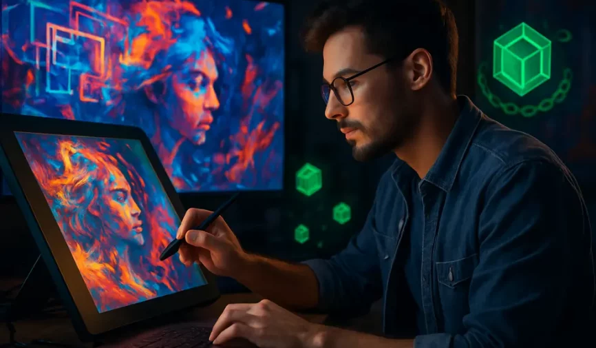 A scene showing a digital artist combining traditional and digital techniques amidst digital art and blockchain visuals.