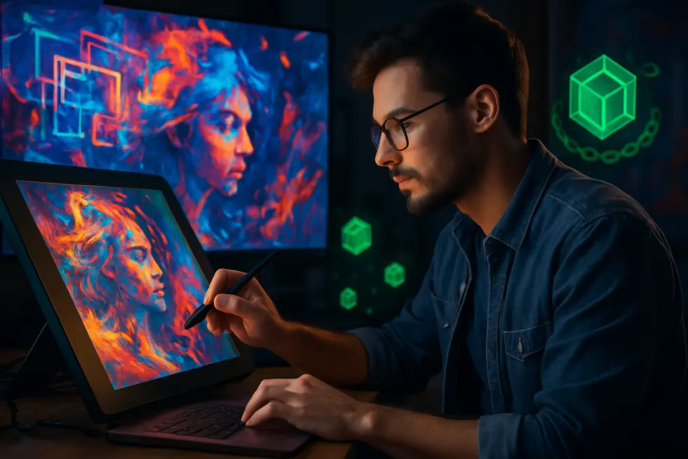 A scene showing a digital artist combining traditional and digital techniques amidst digital art and blockchain visuals.