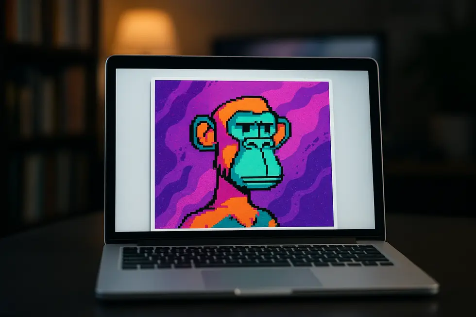 A computer screen displaying digital art, highlighting NFT-based ownership.