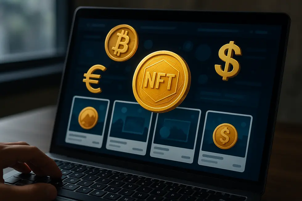 A computer screen displaying digital art, highlighting NFT-based ownership.