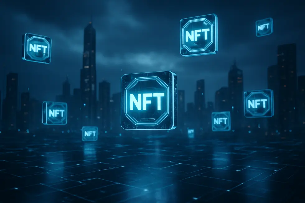 A computer screen displaying digital art, highlighting NFT-based ownership.