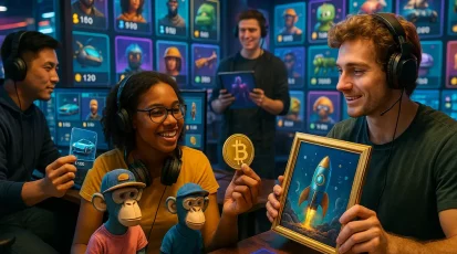 Digital avatars interacting in an NFT marketplace symbolizing the fusion of gaming and wealth.