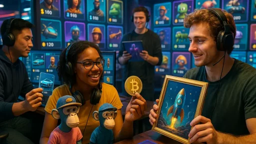 Digital avatars interacting in an NFT marketplace symbolizing the fusion of gaming and wealth.