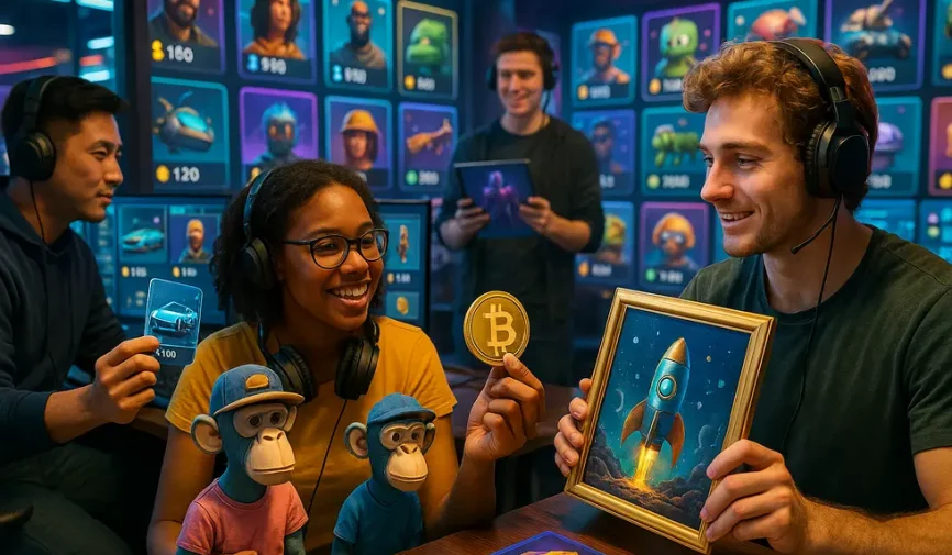 Digital avatars interacting in an NFT marketplace symbolizing the fusion of gaming and wealth.