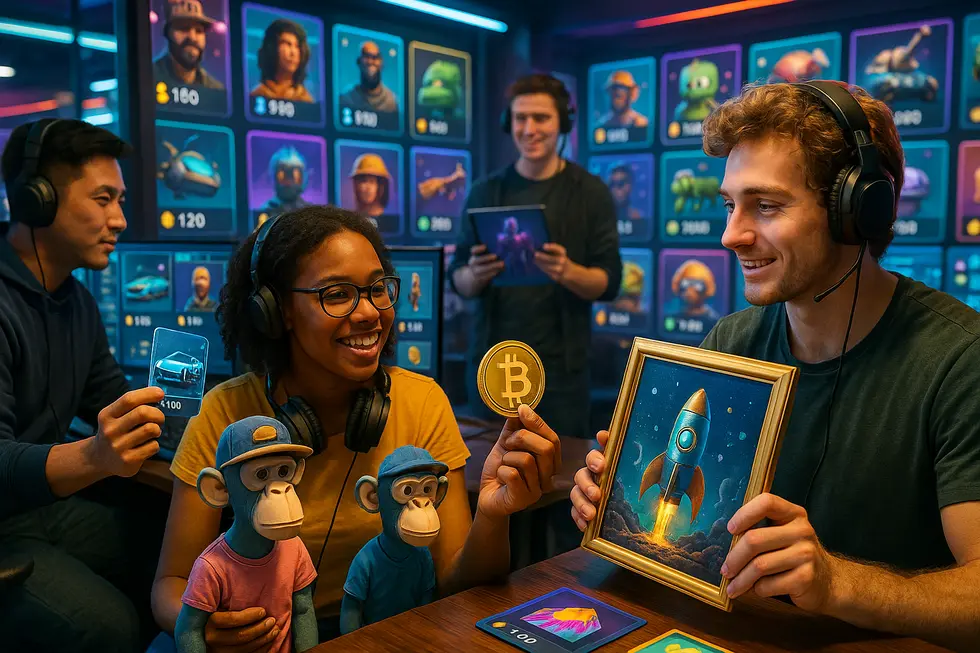 Digital avatars interacting in an NFT marketplace symbolizing the fusion of gaming and wealth.