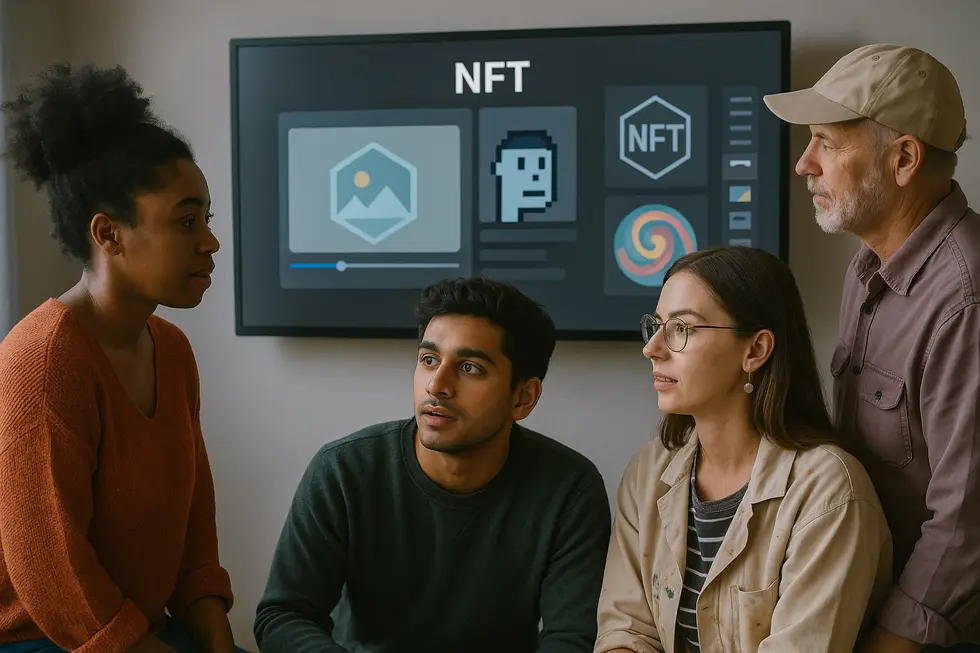 Diverse individuals learning about NFTs through video tutorials.