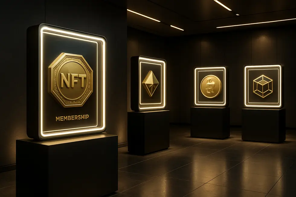 A digital gallery display of NFT membership tokens showcasing exclusivity.