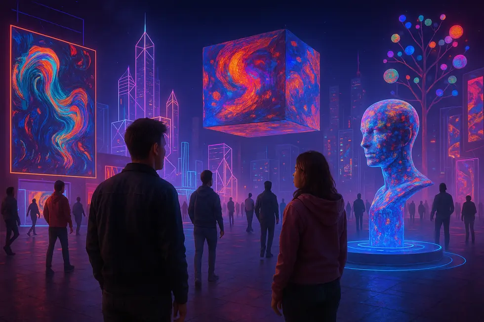 Traditional art tools merging with digital code streams.