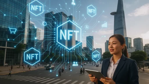 Modern Vietnamese business district enhanced by digital Monbase NFT integrations.