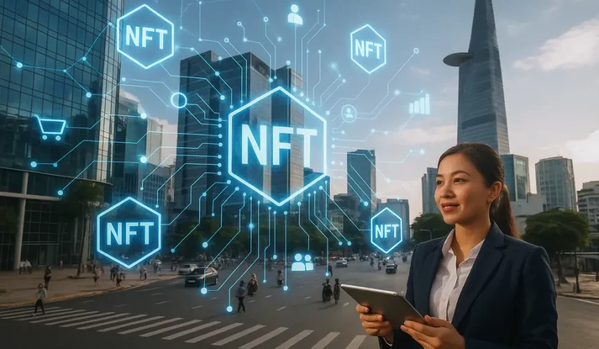 Modern Vietnamese business district enhanced by digital Monbase NFT integrations.