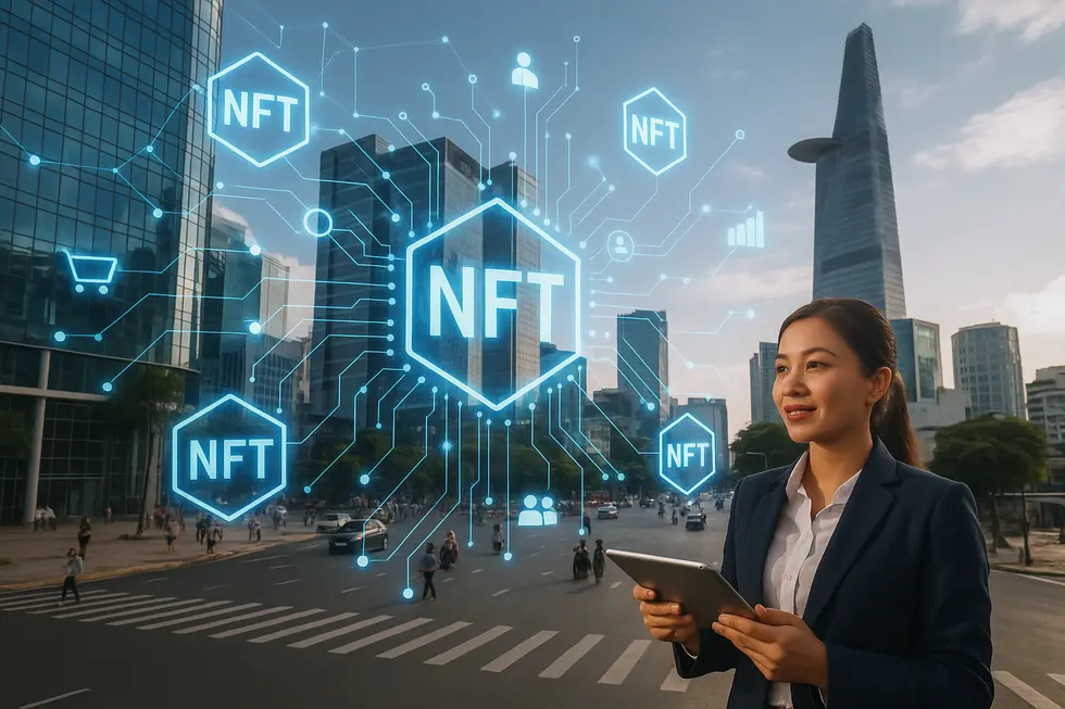 Modern Vietnamese business district enhanced by digital Monbase NFT integrations.