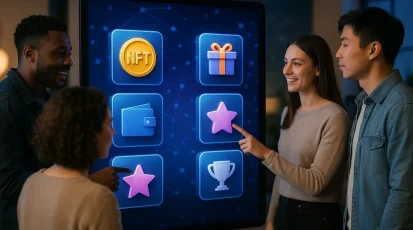 Diverse people engaging with NFTs as loyalty rewards on a digital platform.