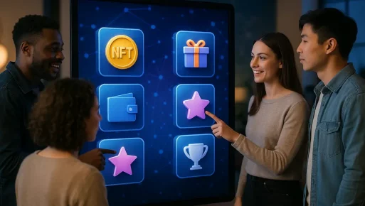 Diverse people engaging with NFTs as loyalty rewards on a digital platform.