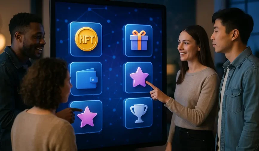 Diverse people engaging with NFTs as loyalty rewards on a digital platform.